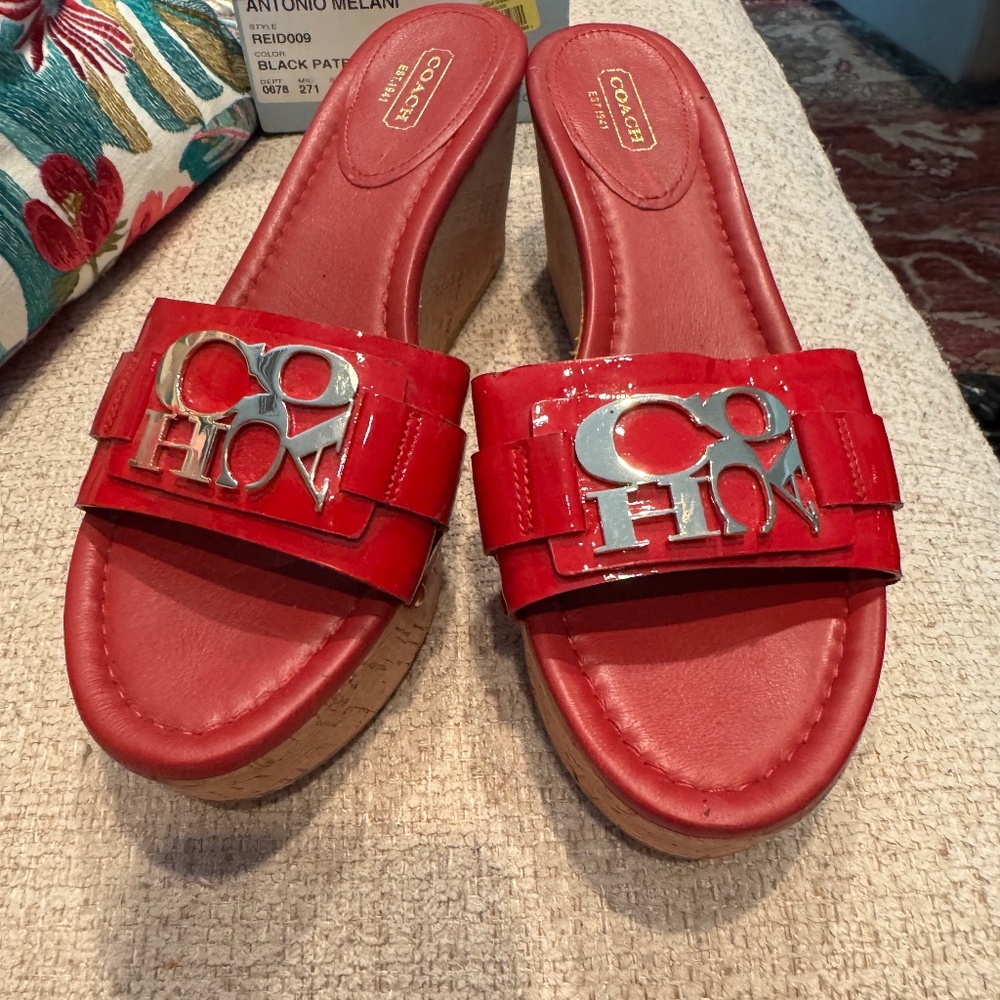 Coach red patent leather cork wedges